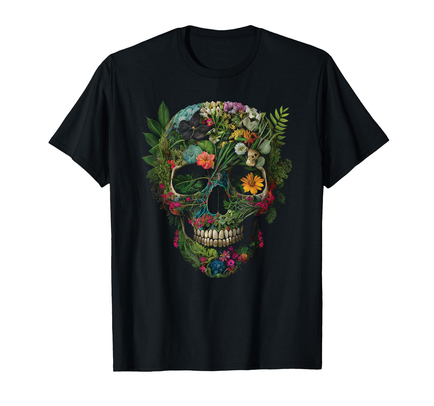 Haunted Botanical Garden Human Skull With Flowers And Plants T-Shirt