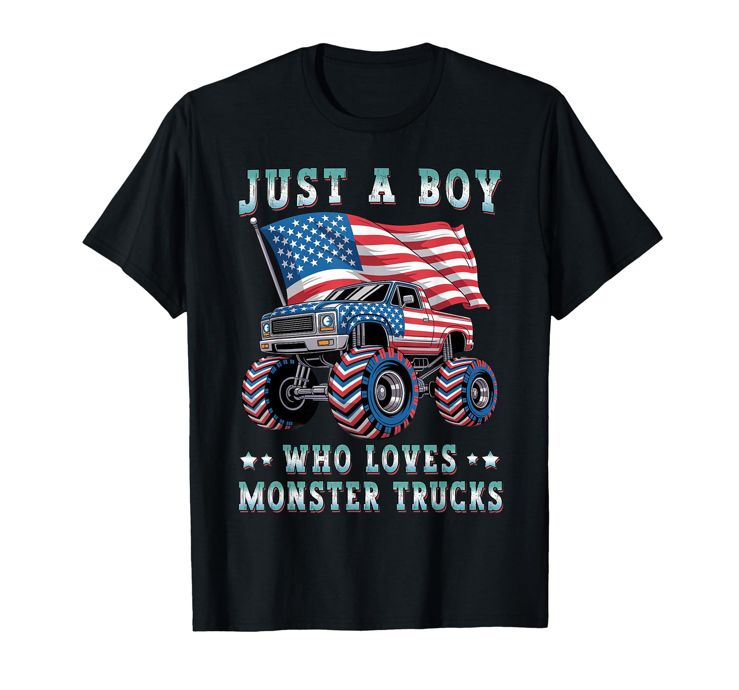 Just A Boy Who Loves Monster Trucks American Flag Kids Boys T-Shirt