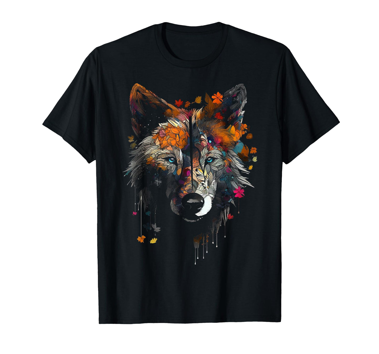 Wolf Autumn Leaves - Blue Eyes - Animal Art Motif Wolf T-Shirt