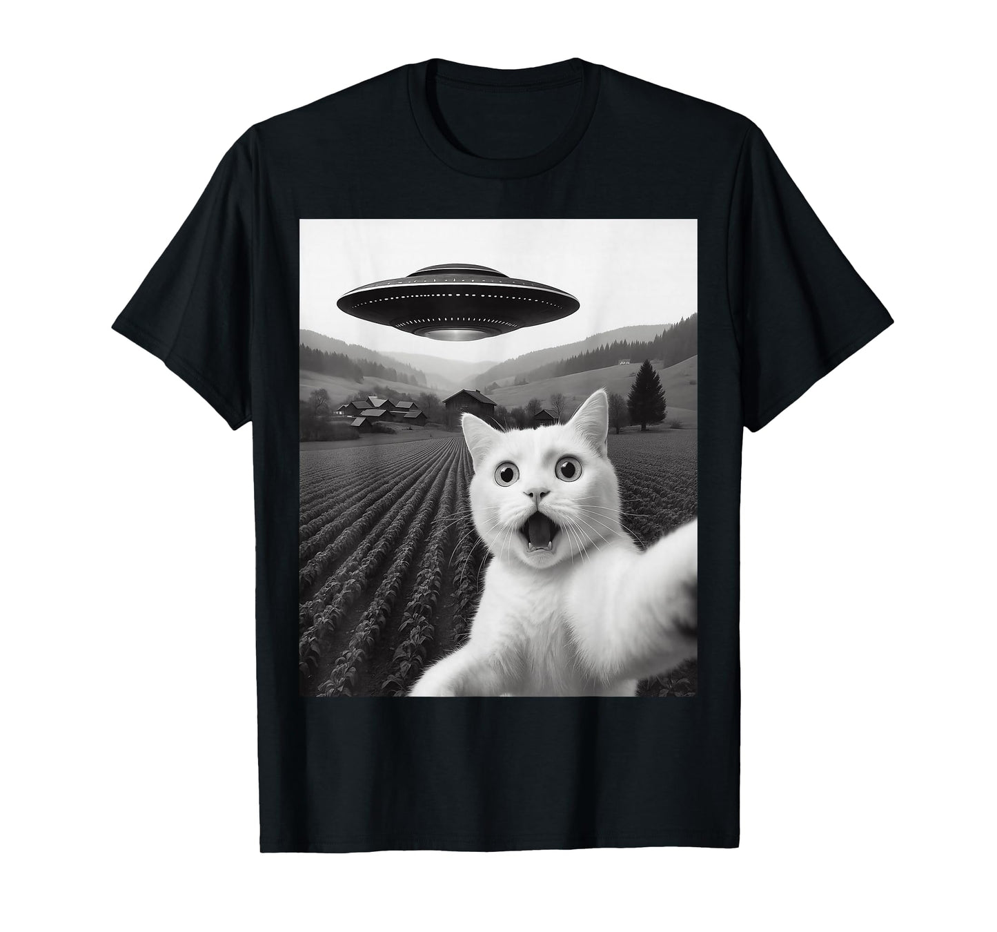 White Cat Selfie with Alien UFO Funny Kitty Abduction Tee T-Shirt
