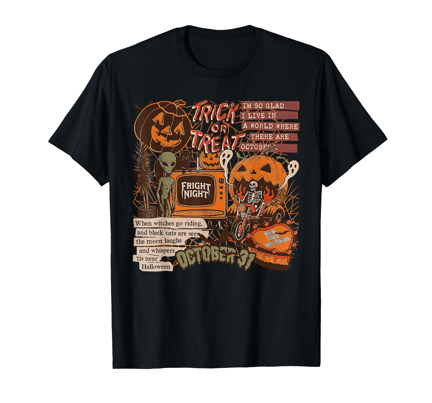 Fright Night Halloween Skeletons Aliens Pumpkins Black Cats T-Shirt