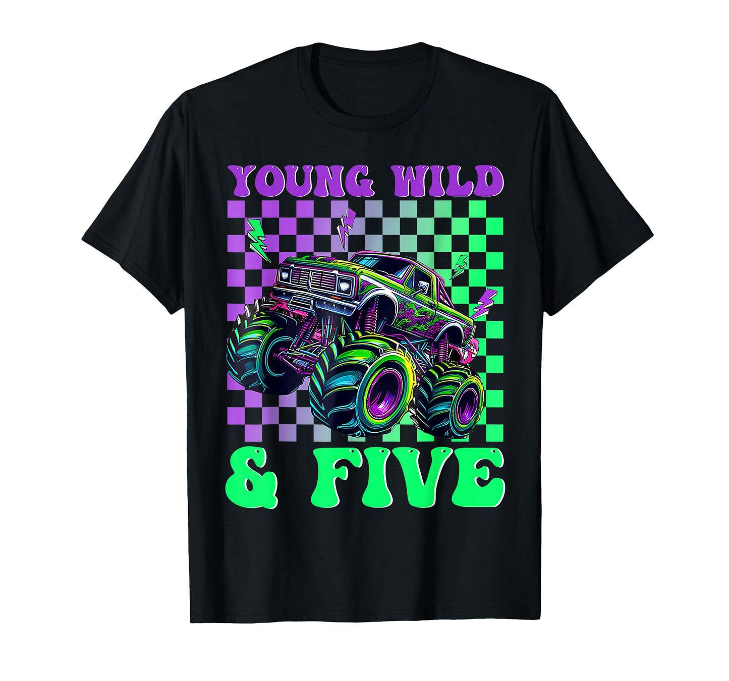 Kids 5th Birthday Boy Monster Truck Young Wild and Five T-Shirt