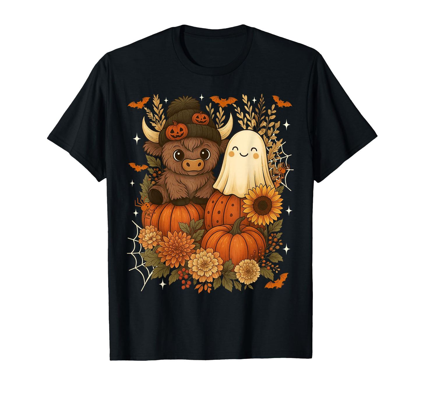 Retro Cute Fall Highland Cow Ghost Pumpkin Spooky Halloween T-Shirt
