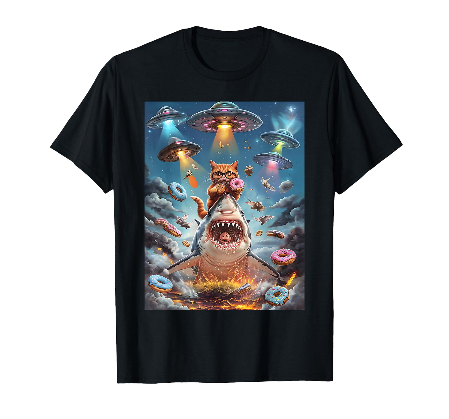 Funny Cat Riding Fire Breathing Shark Rainbow Birthday Kids T-Shirt