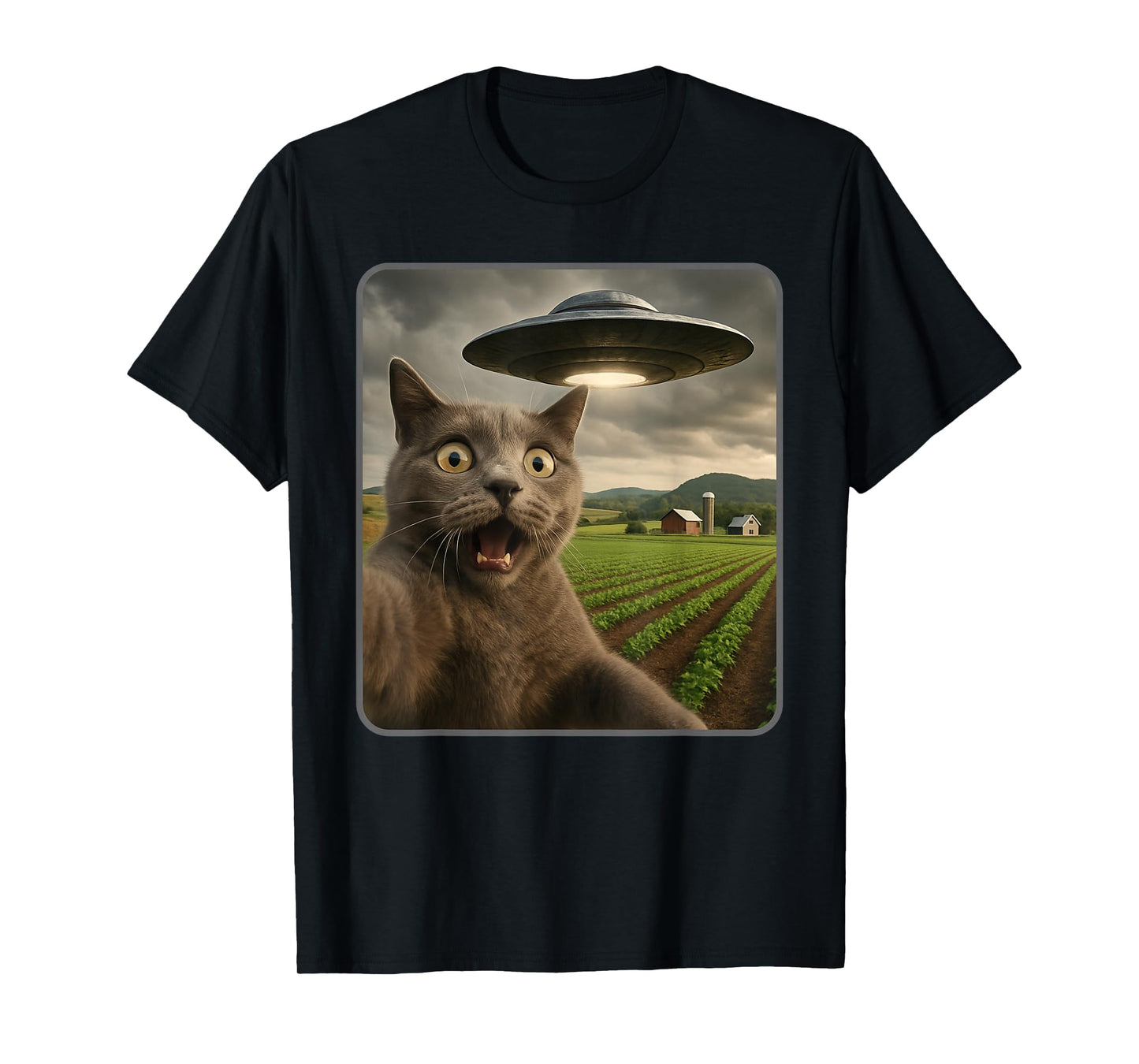 Funny Cat Selfie with UFO Alien Meme T-Shirt
