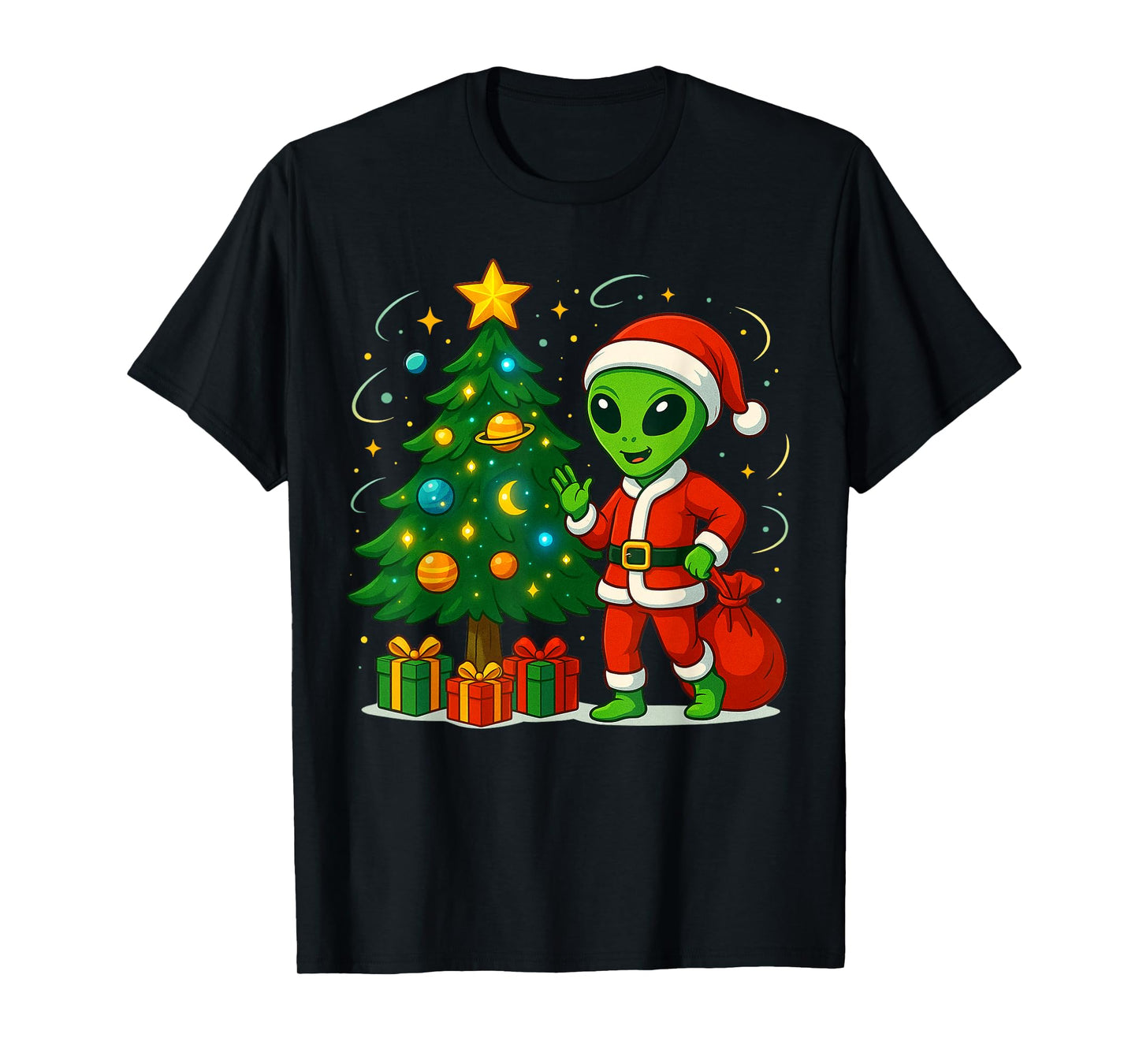 Alien Christmas Tree Xmas Lights Funny Holiday Men Boys T-Shirt