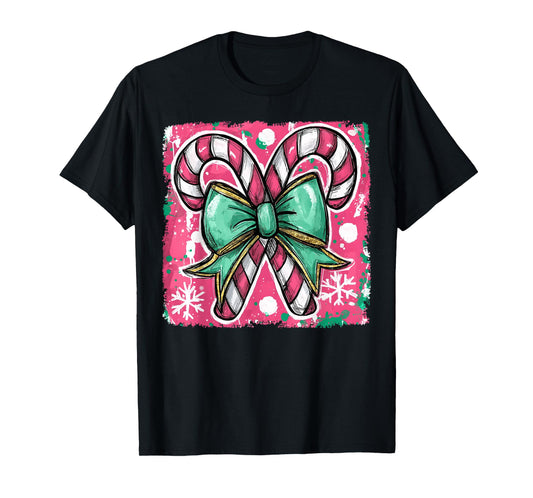 Retro Coquette Bow Candy Cane Christmas Season Colorful T-Shirt