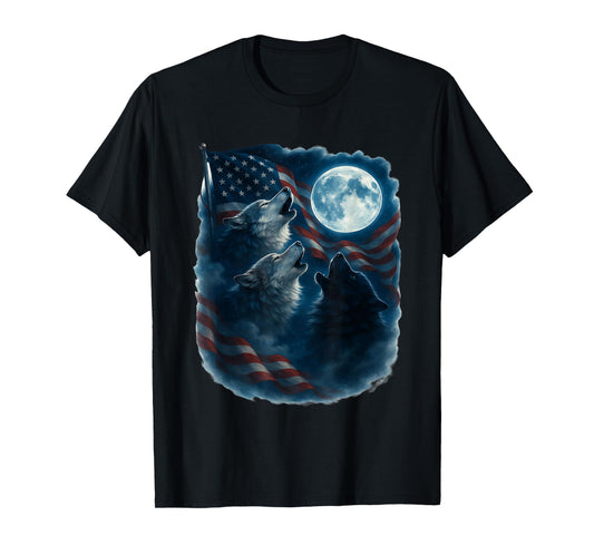 3 Wolf Howling At The Moon US Flag Wildlife Wolves Lovers T-Shirt