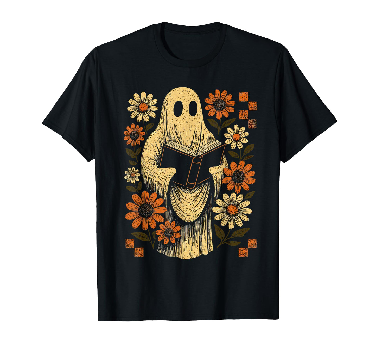 Retro Ghost Reading Book Halloween Floral Library Spooky T-Shirt