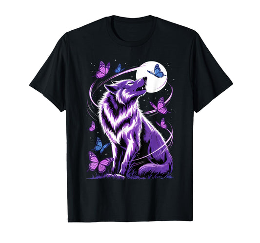 Wolf Magical Purple Butterfly Wolf Lover T-Shirt