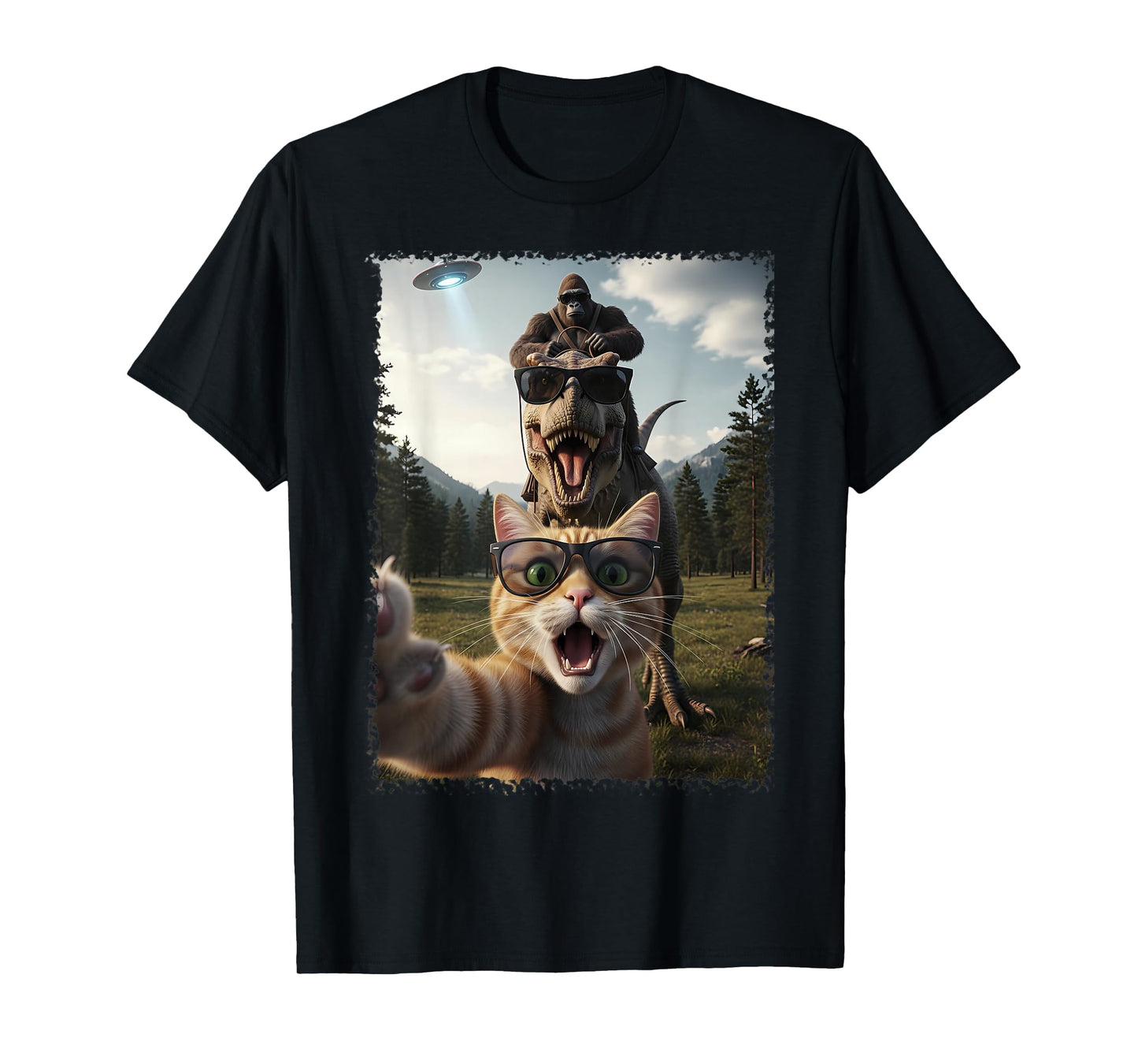 Funny Cat T-Rex Bigfoot Design UFO Selfie T-Shirt