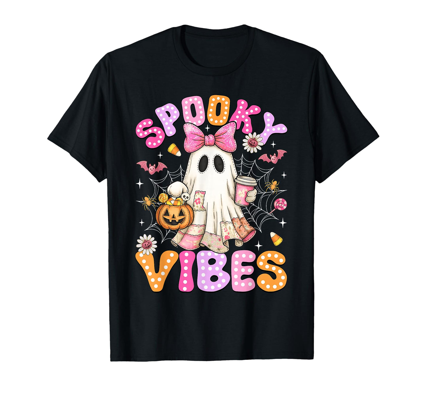 Spooky Vibes Ghost Retro Groovy Halloween Women Girls Kids T-Shirt