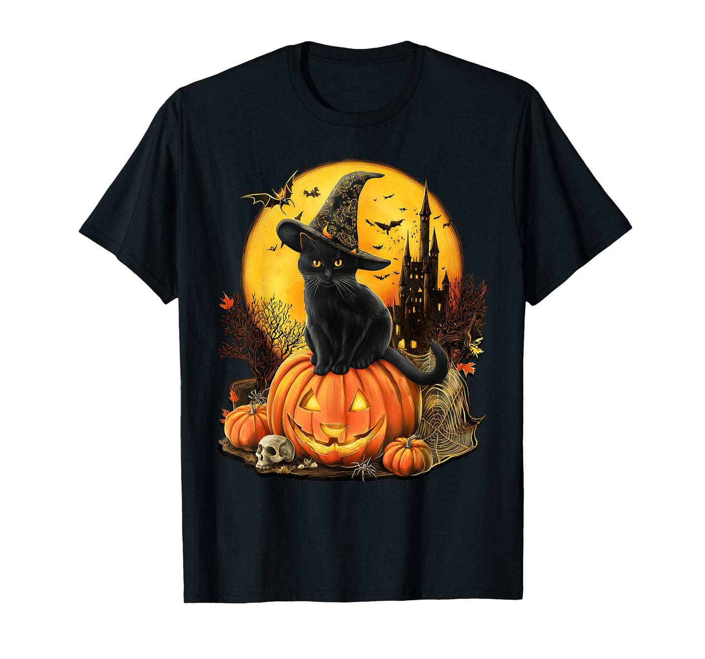 Halloween Vintage Cute Ghost Black Cat Pumpkins Floral T-Shirt