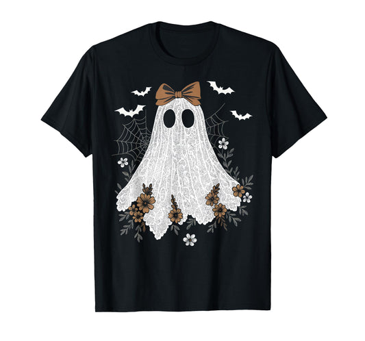 Coquette Ghost Halloween Flower Ghost Spooky Lace Ghost T-Shirt