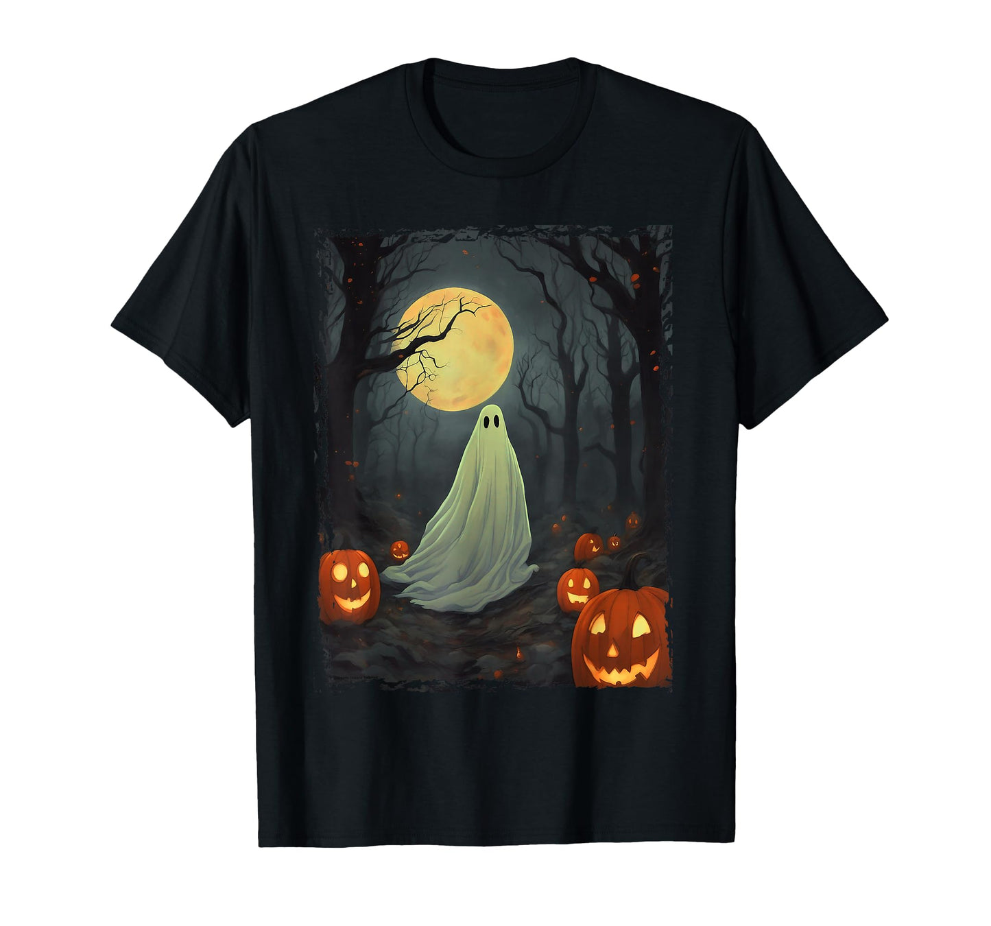 Vintage Ghost in Gothic Forest Full Moon Halloween T-Shirt