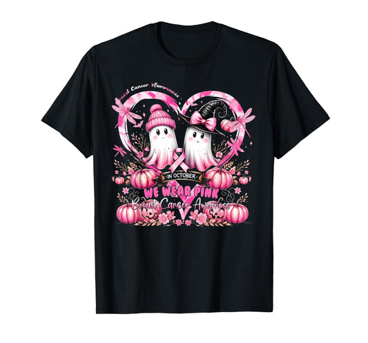 in October We Wear Pink Breast Cancer Heart Dragonflies T-Shirt