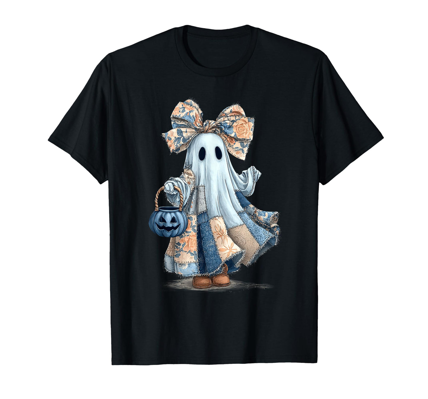 Blue Denim Patchwork Quilt Cute Boo Ghost Halloween T-Shirt