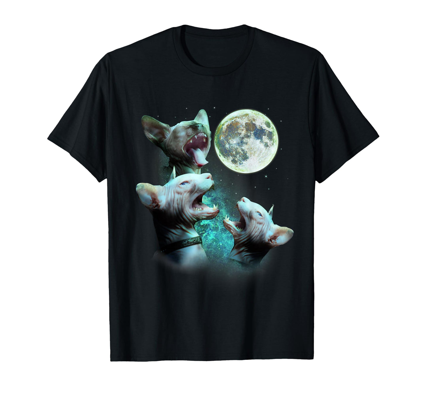 Three Hairless Sphynx Cats Howl At Moon 3 Wolfs Funny Parody T-Shirt