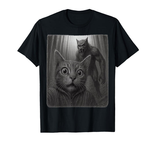 Funny Scared Cat Taking A Selfie with Cryptid Wolfman T-Shirt