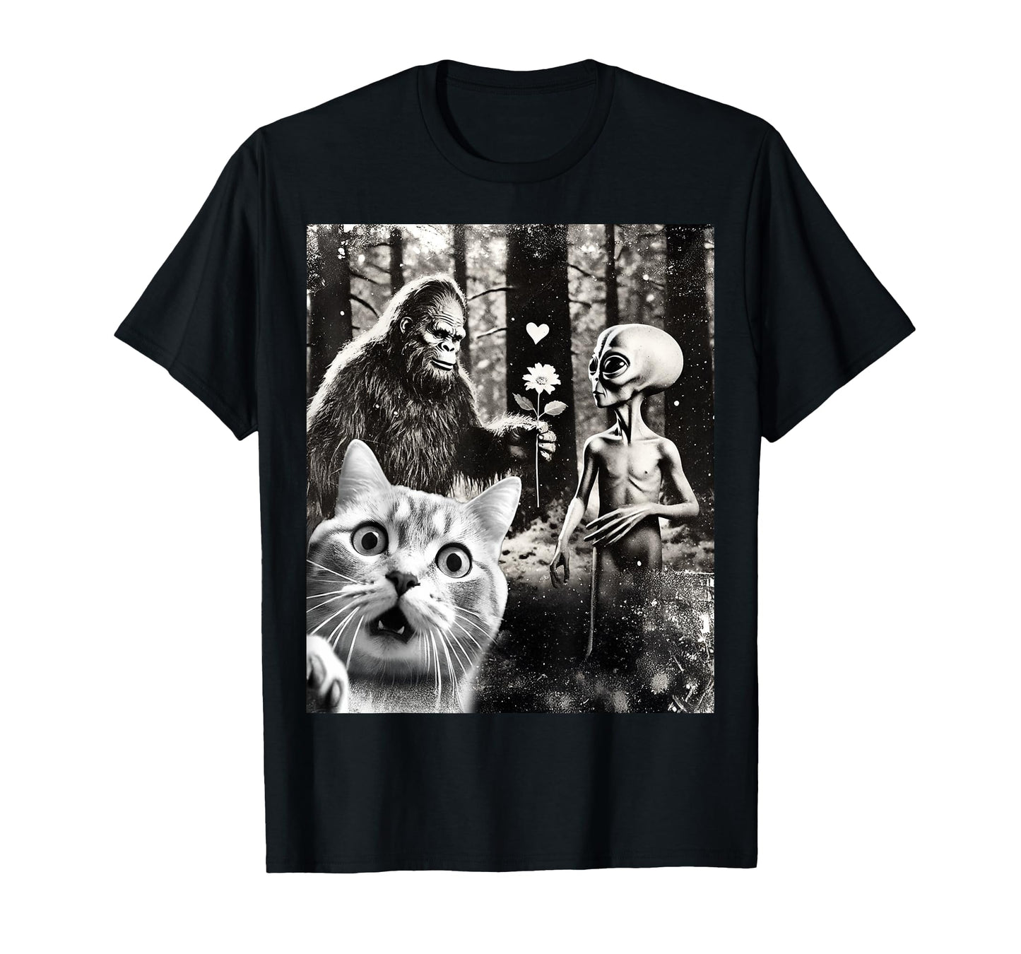 Funny Cat Selfie with Romantic Bigfoot in Love with Alien T-Shirt