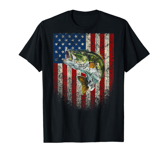 (Art onBack) American Flag Bass Fish Fishing T-Shirt
